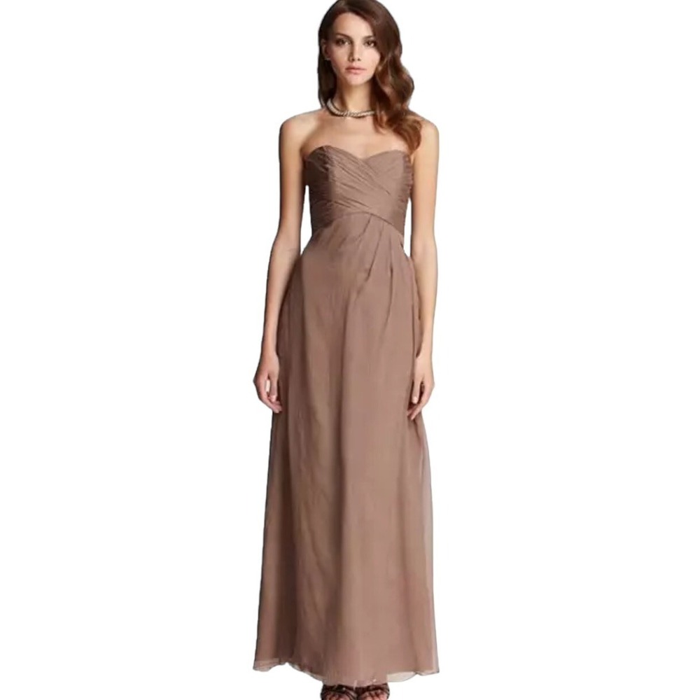Amsale Bridesmaids Dress Gown Size 12 Tan 100% Silk Chiffon Strapless Maxi Fairy